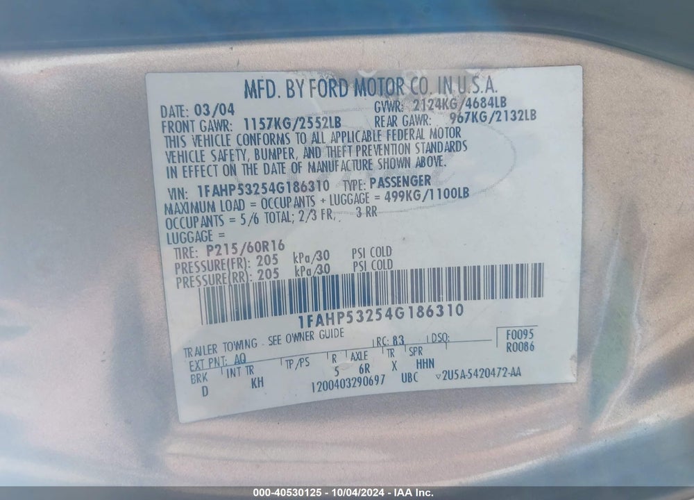 2004 FORD TAURUS SE VIN: 1FAHP53254G186310