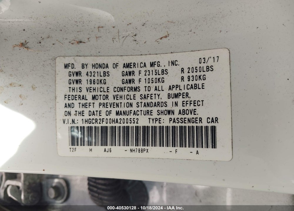 2017 HONDA ACCORD EX VIN: 1HGCR2F00HA200552