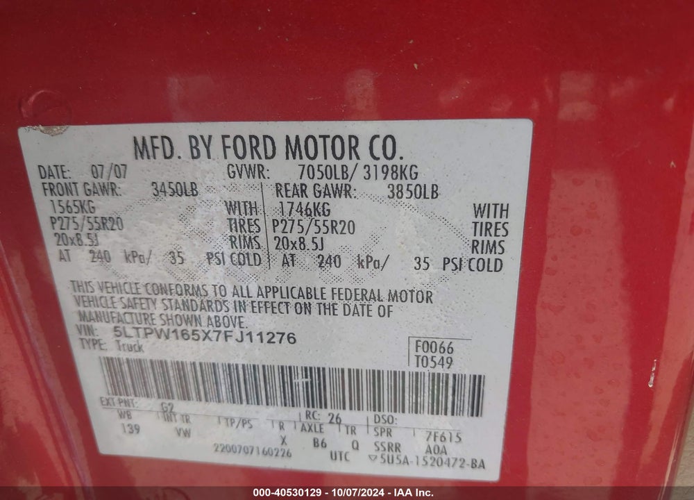 2007 LINCOLN MARK LT VIN: 5LTPW165X7FJ11276