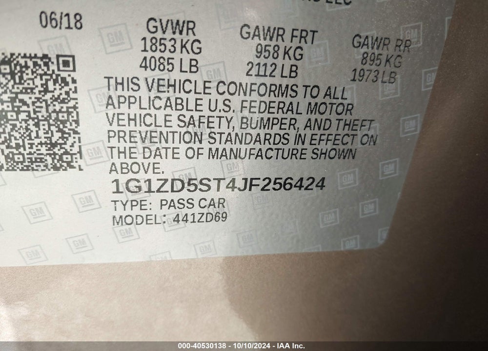2018 CHEVROLET MALIBU LT VIN: 1G1ZD5ST4JF256424