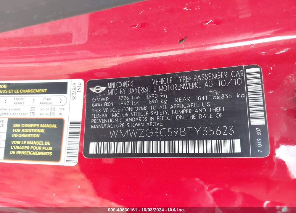 2011 MINI COOPER S CLUBMAN VIN: WMWZG3C59BTY35623