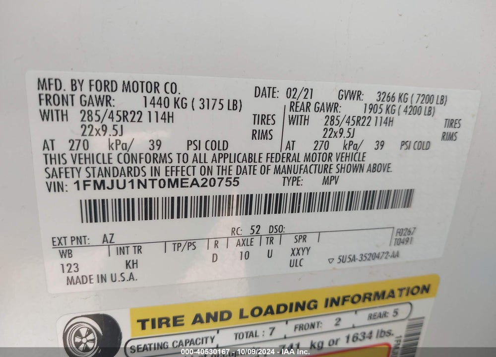 2021 FORD EXPEDITION KING RANCH VIN: 1FMJU1NT0MEA20755