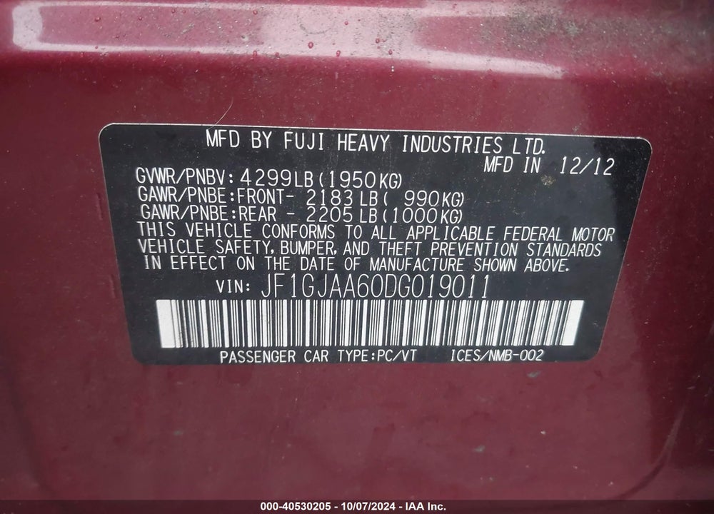 2013 SUBARU IMPREZA VIN: JF1GJAA60DG019011