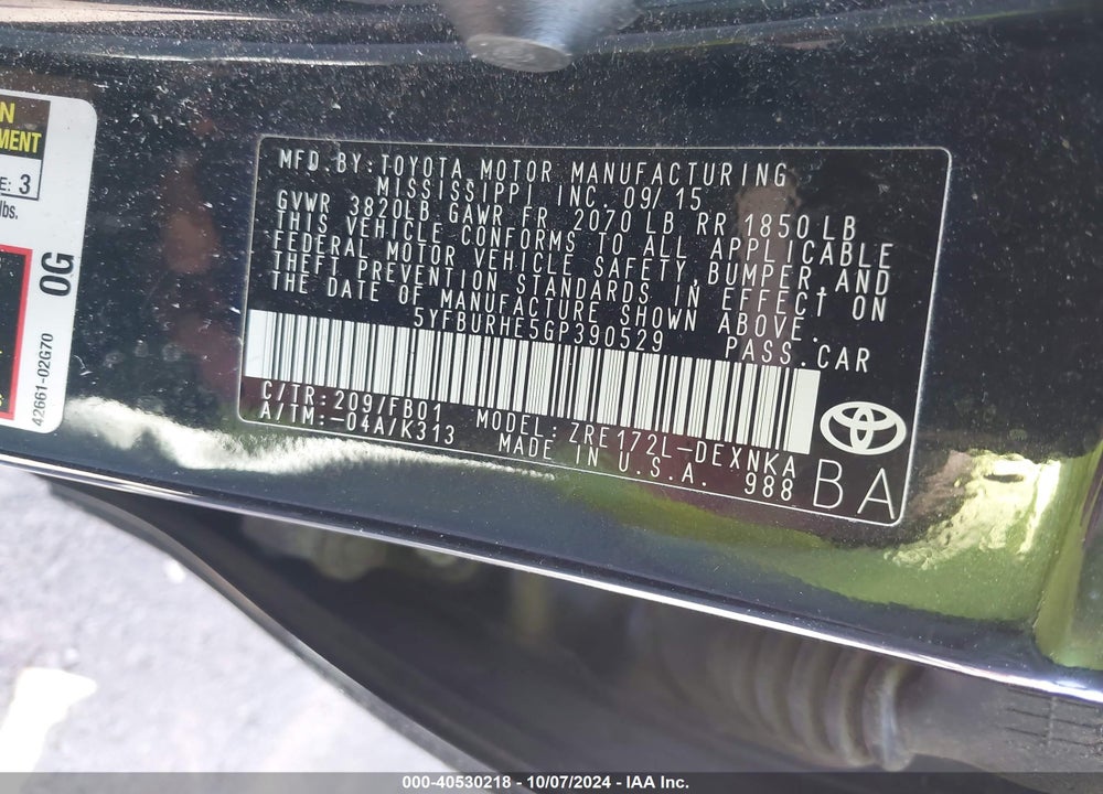2016 TOYOTA COROLLA LE VIN: 5YFBURHE5GP390529