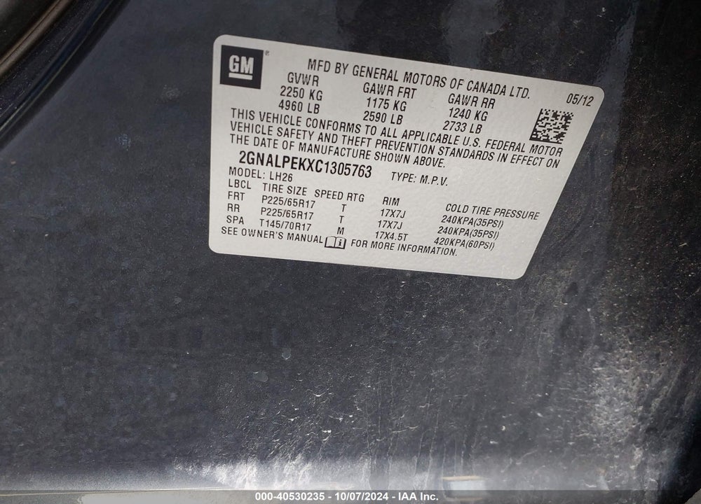 2012 CHEVROLET EQUINOX 2LT VIN: 2GNALPEKXC1305763