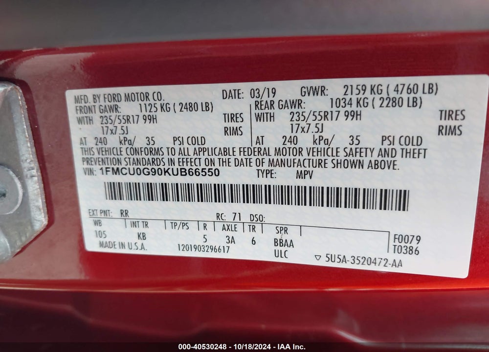 2019 FORD ESCAPE SE VIN: 1FMCU0G90KUB66550
