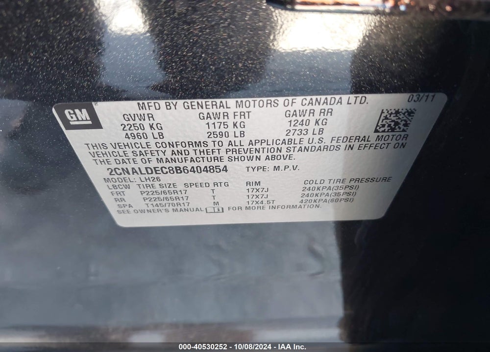 2011 CHEVROLET EQUINOX 1LT VIN: 2CNALDEC8B6404854