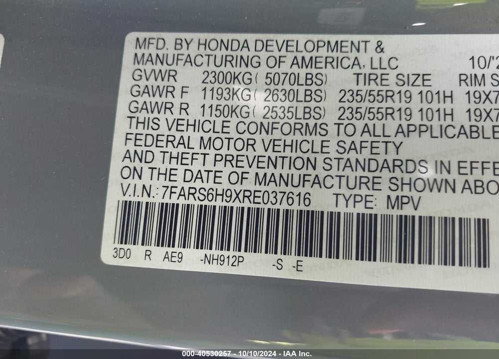 2024 HONDA CR-V HYBRID SPORT TOURING VIN: 7FARS6H9XRE037616