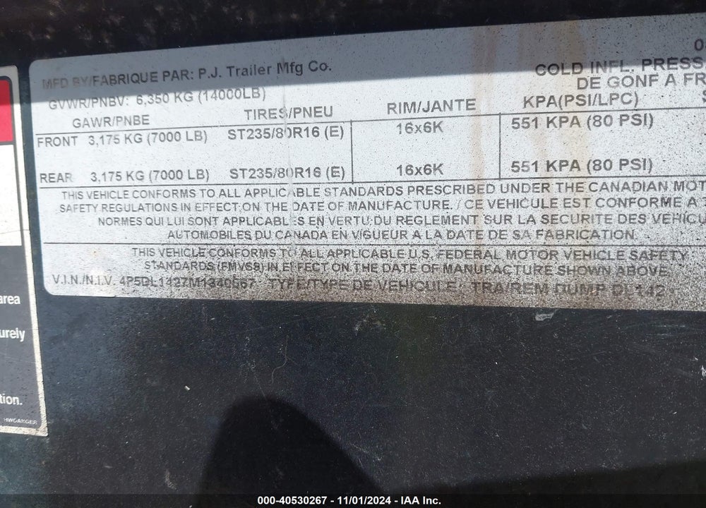 2021 PJ TRAILERS UNKNOWN VIN: 4P5DL1427M1340567