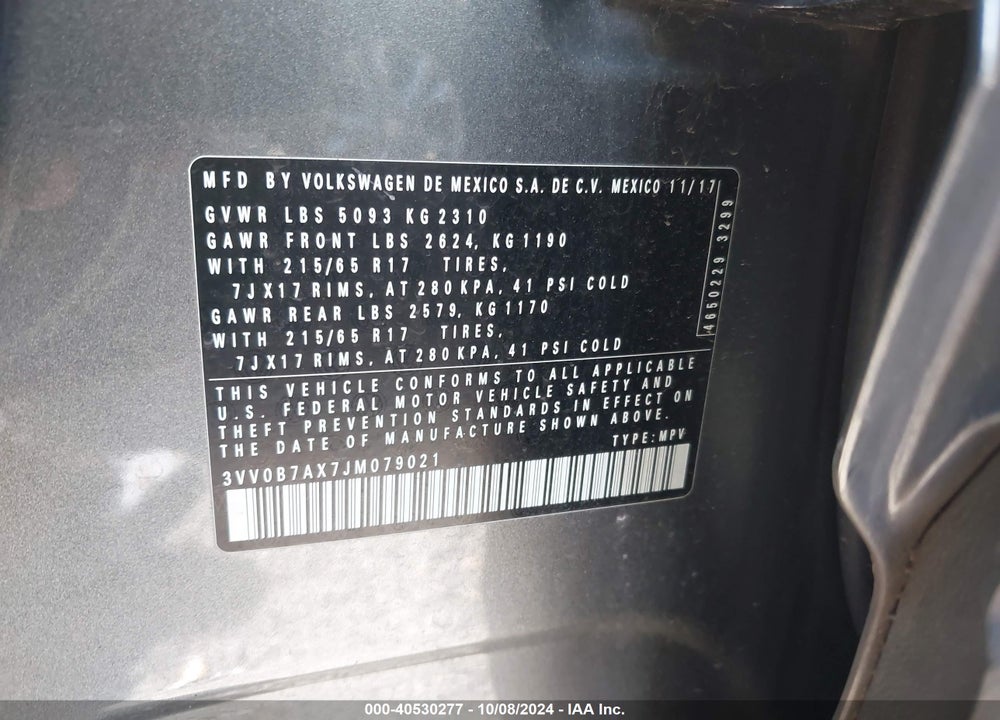 2018 VOLKSWAGEN TIGUAN 2.0T S VIN: 3VV0B7AX7JM079021
