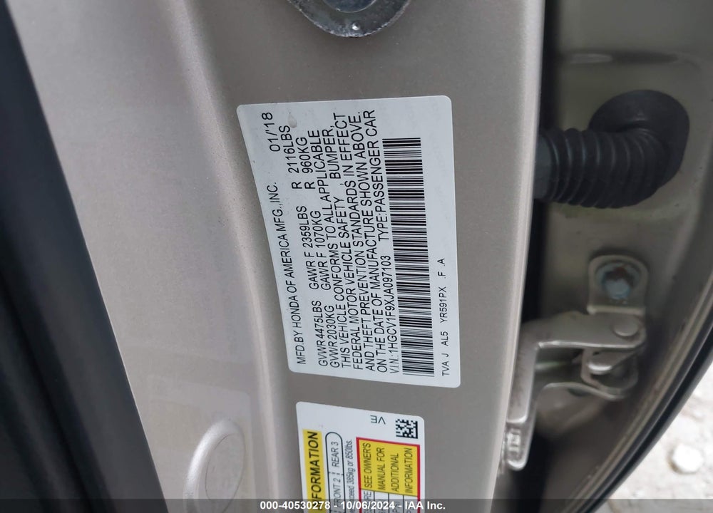 2018 HONDA ACCORD TOURING VIN: 1HGCV1F9XJA097103