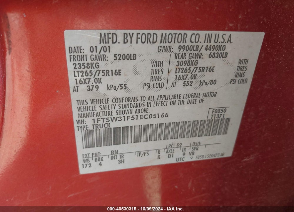 2001 FORD F-350 LARIAT/XL/XLT VIN: 1FTSW31F51EC05166