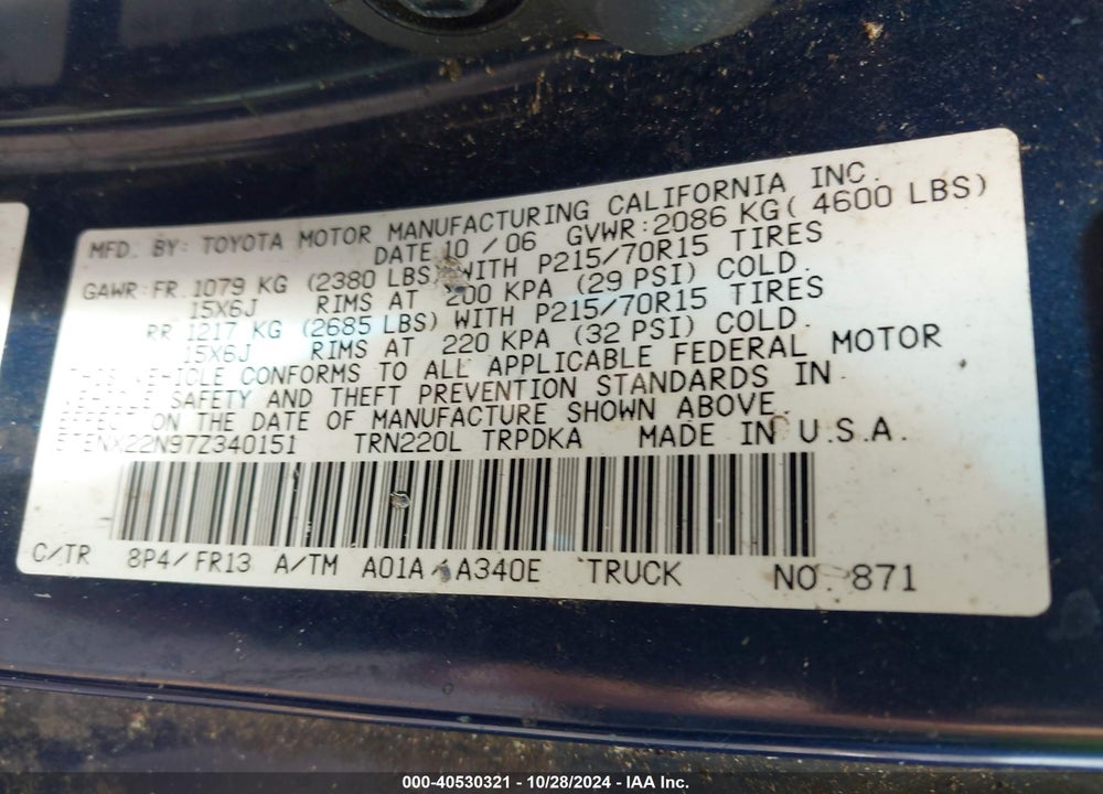 2007 TOYOTA TACOMA VIN: 5TENX22N97Z340151