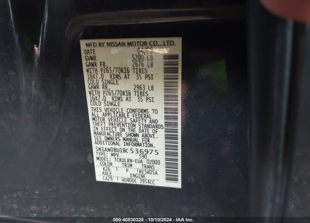 2008 NISSAN XTERRA S VIN: 5N1AN08U18C536975