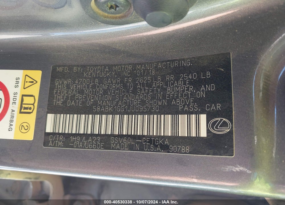 2018 LEXUS ES 350 VIN: 58ABK1GG1JU095730