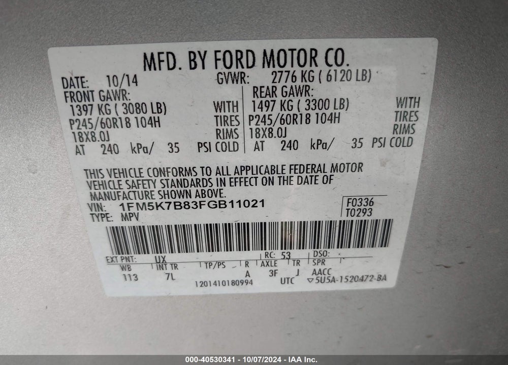 2015 FORD EXPLORER VIN: 1FM5K7B83FGB11021