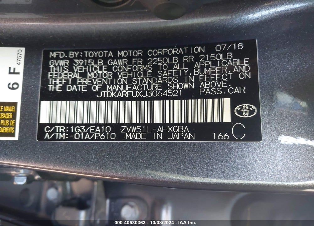 2018 TOYOTA PRIUS VIN: JTDKARFUXJ3064521