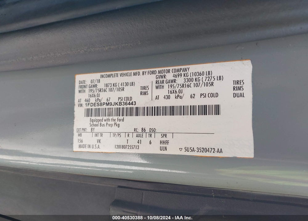 2018 FORD TRANSIT-350 CUTAWAY VIN: 1FDES8PM9JKB36443