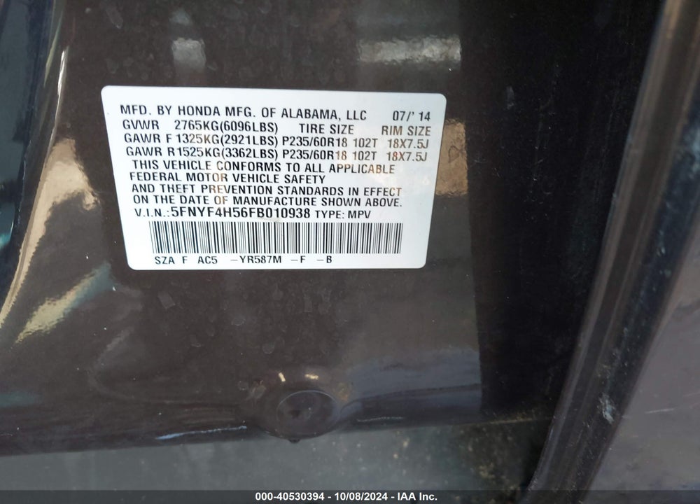 2015 HONDA PILOT EX-L VIN: 5FNYF4H56FB010938