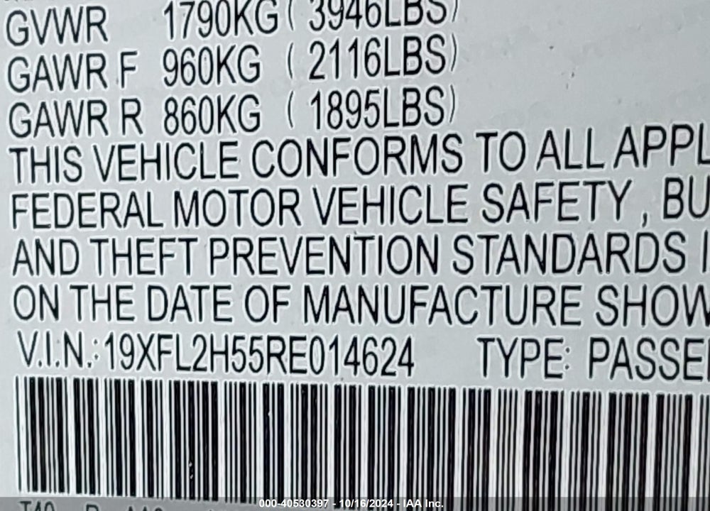 2024 HONDA CIVIC LX VIN: 19XFL2H55RE014624