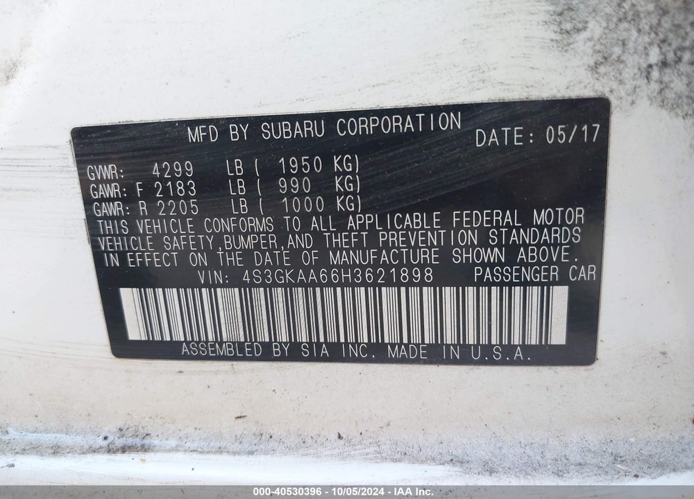 2017 SUBARU IMPREZA 2.0I VIN: 4S3GKAA66H3621898