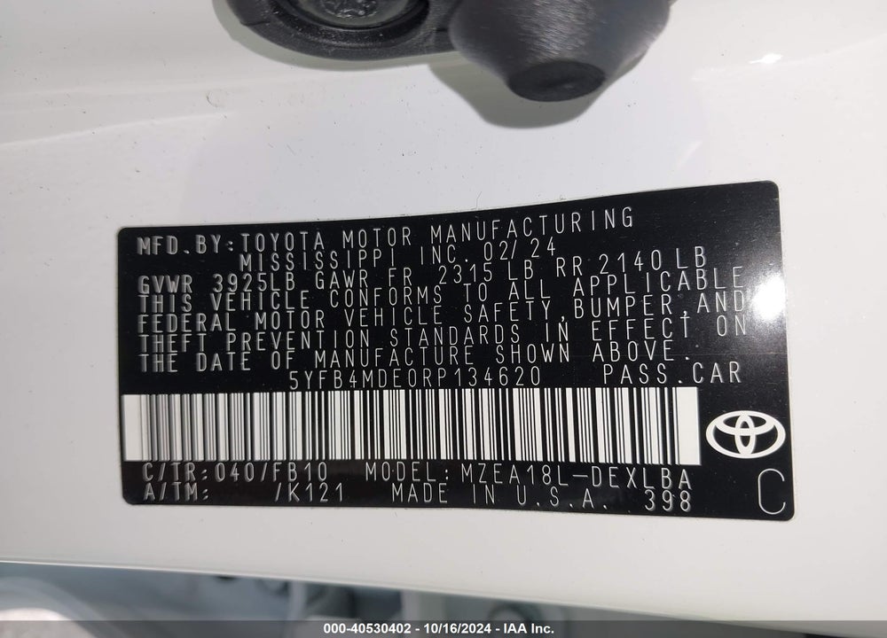 2024 TOYOTA COROLLA LE VIN: 5YFB4MDE0RP134620