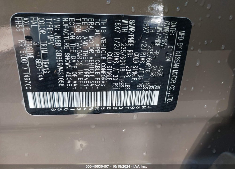 2024 NISSAN ROGUE SV INTELLIGENT AWD VIN: JN8BT3BB5RW431058