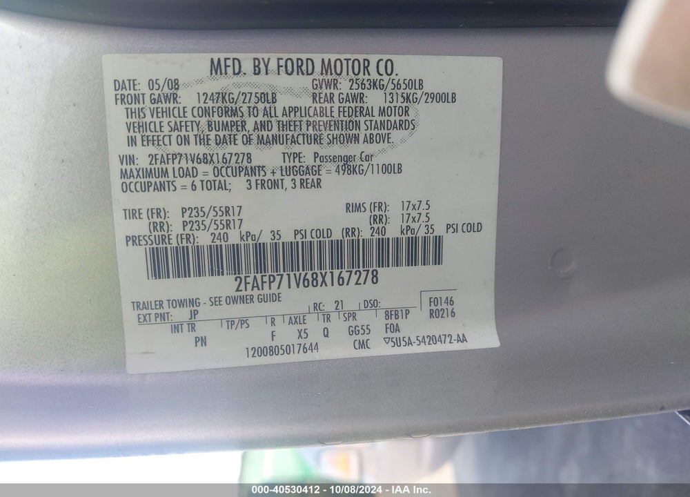 2008 FORD CROWN VICTORIA VIN: 2FAFP71V68X167278