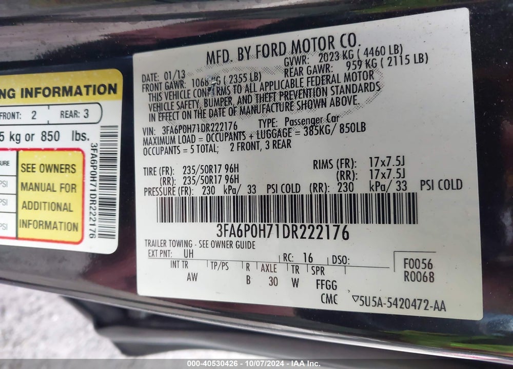 2013 FORD FUSION SE VIN: 3FA6P0H71DR222176