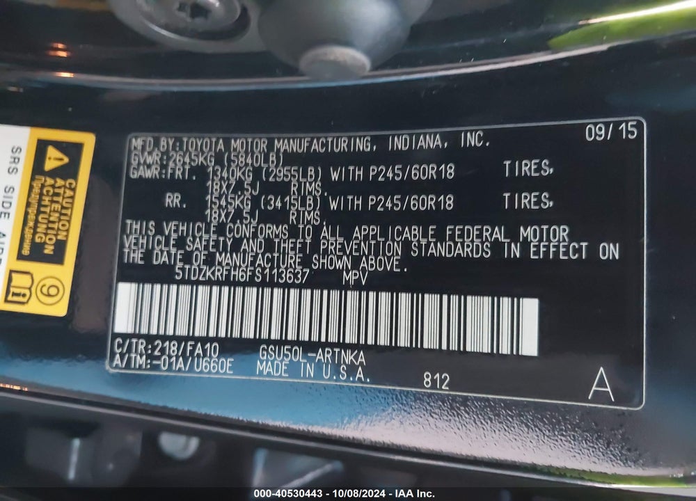 2015 TOYOTA HIGHLANDER LE PLUS V6 VIN: 5TDZKRFH6FS113637
