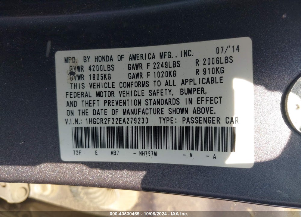 2014 HONDA ACCORD LX VIN: 1HGCR2F32EA279230