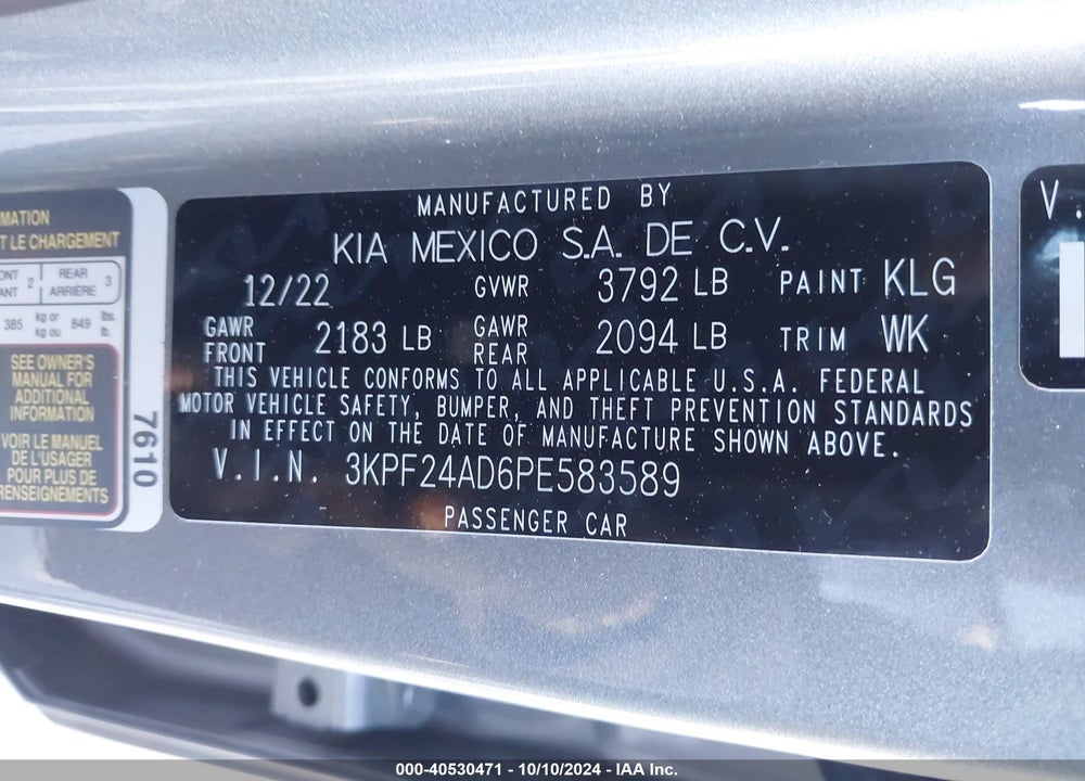 2023 KIA FORTE LXS VIN: 3KPF24AD6PE583589