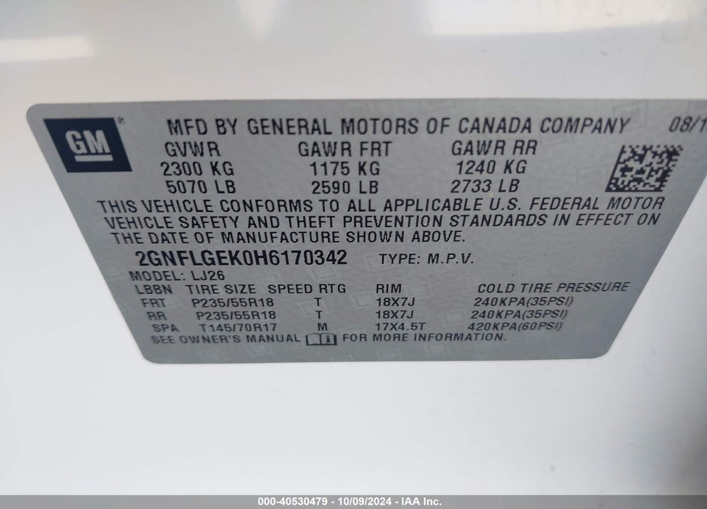 2017 CHEVROLET EQUINOX PREMIER VIN: 2GNFLGEK0H6170342