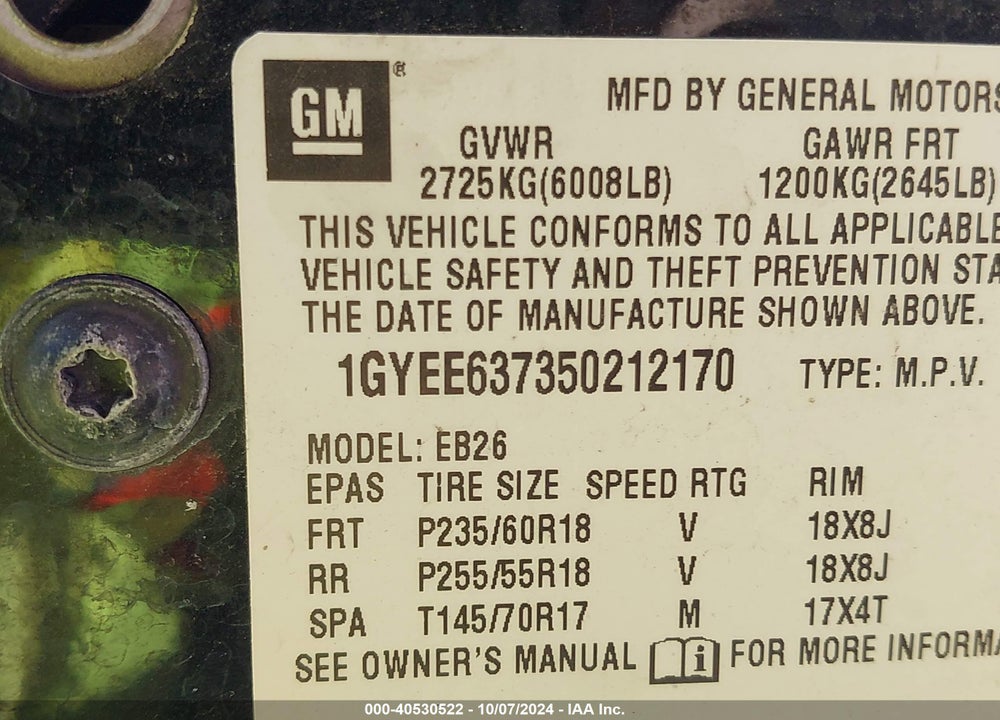 2005 CADILLAC SRX V6 VIN: 1GYEE637350212170