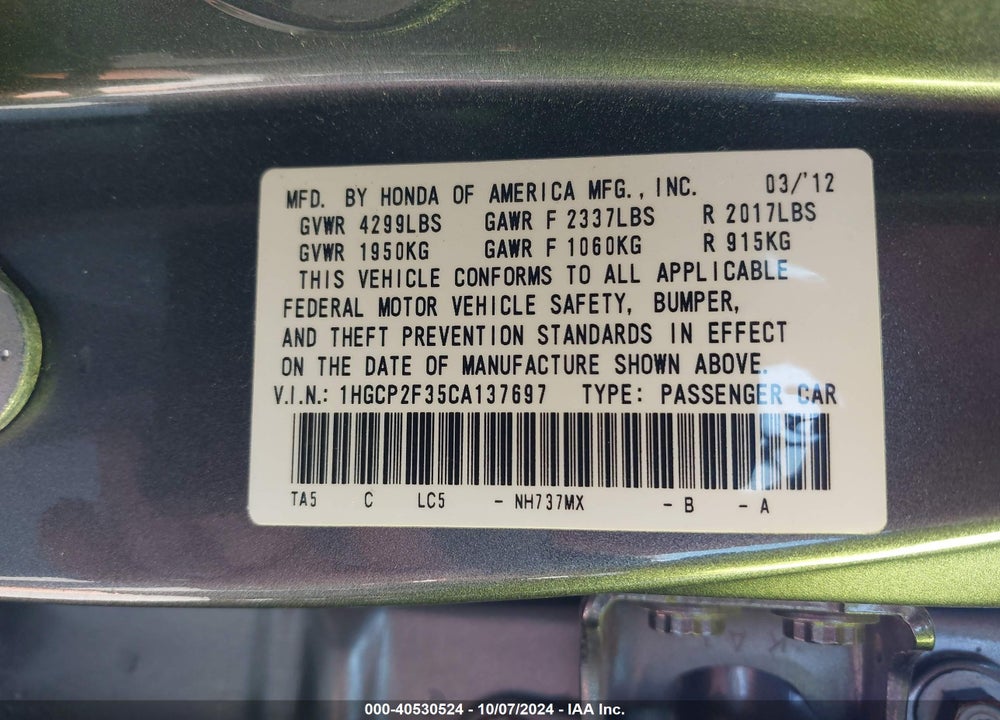 2012 HONDA ACCORD 2.4 LX VIN: 1HGCP2F35CA137697
