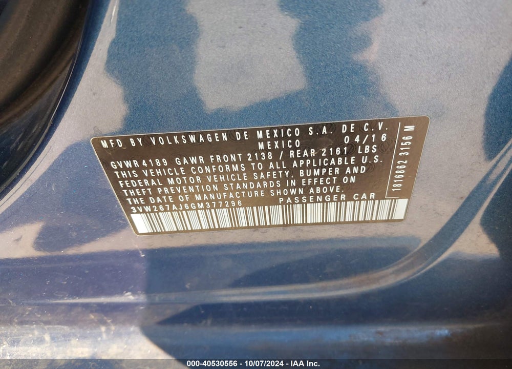 2016 VOLKSWAGEN JETTA 1.4T S VIN: 3VW267AJ6GM377296