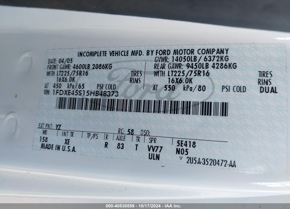 2005 FORD ITAO STANDARD VIN: 1FDXE45S15HB48373