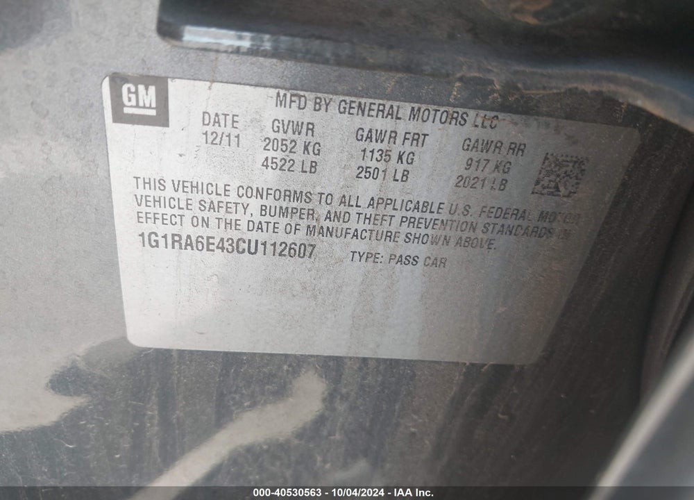 2012 CHEVROLET VOLT VIN: 1G1RA6E43CU112607