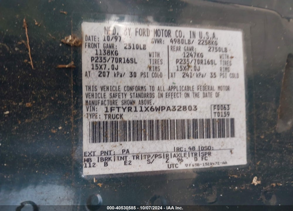 1998 FORD RANGER SPLASH/XL/XLT VIN: 1FTYR11X6WPA32803