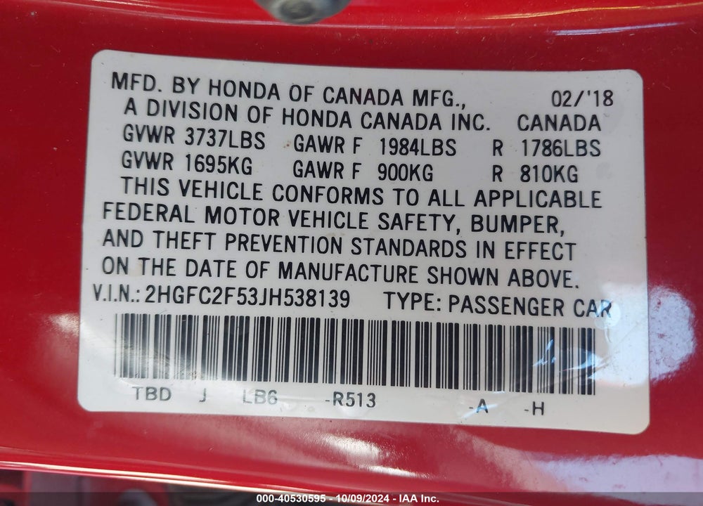 2018 HONDA CIVIC LX VIN: 2HGFC2F53JH538139
