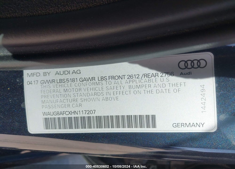 2017 AUDI A6 2.0T PREMIUM VIN: WAUG8AFCXHN117207