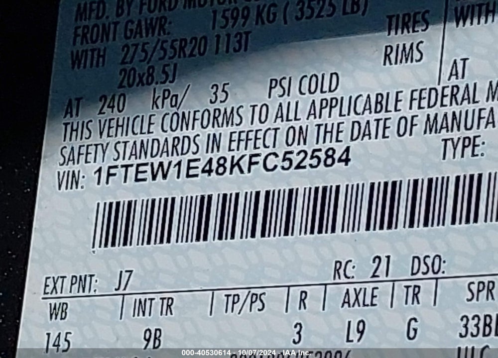 2019 FORD F-150 VIN: 1FTEW1E48KFC52584