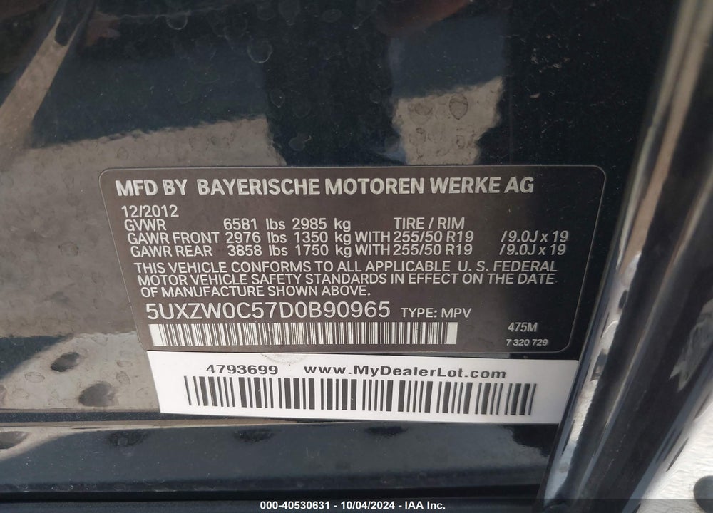 2013 BMW X5 XDRIVE35D VIN: 5UXZW0C57D0B90965