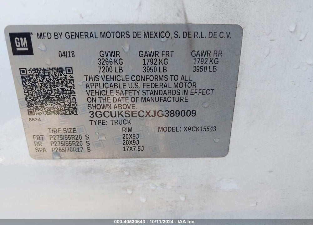 2018 CHEVROLET SILVERADO 1500 1LZ VIN: 3GCUKSECXJG389009