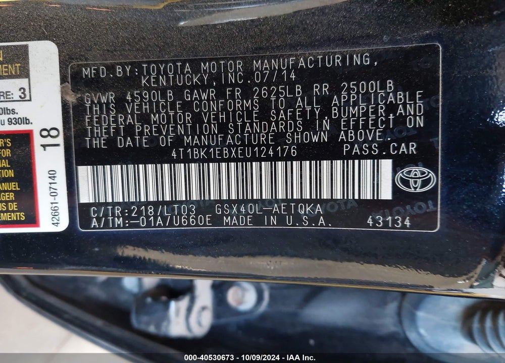 2014 TOYOTA AVALON XLE TOURING VIN: 4T1BK1EBXEU124176