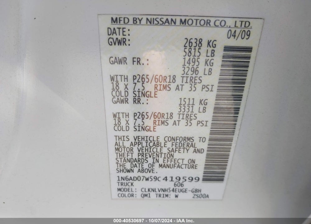 2009 NISSAN FRONTIER LE VIN: 1N6AD07W59C419599