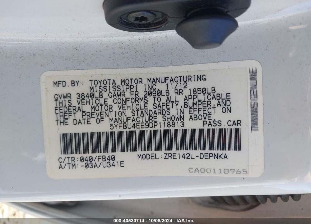 2013 TOYOTA COROLLA LE VIN: 5YFBU4EE9DP118813