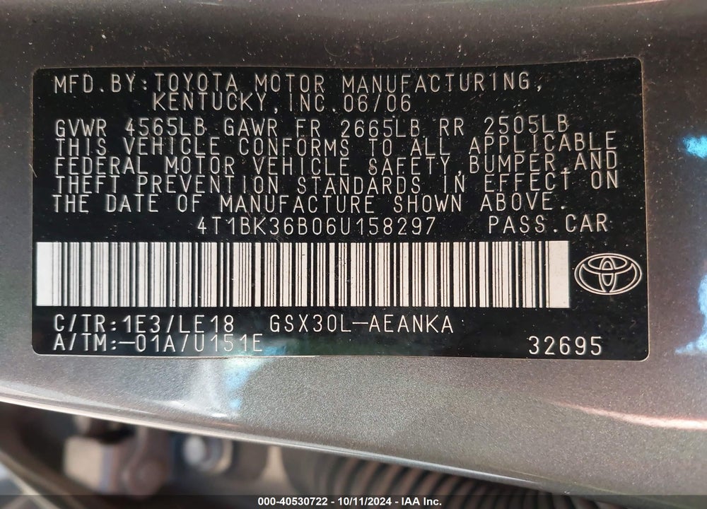 2006 TOYOTA AVALON TOURING VIN: 4T1BK36B06U158297