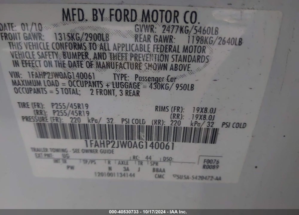 2010 FORD TAURUS LIMITED VIN: 1FAHP2JW0AG140061