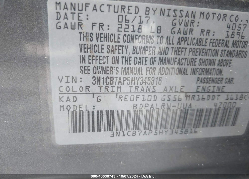 2017 NISSAN SENTRA SR TURBO VIN: 3N1CB7AP5HY345816